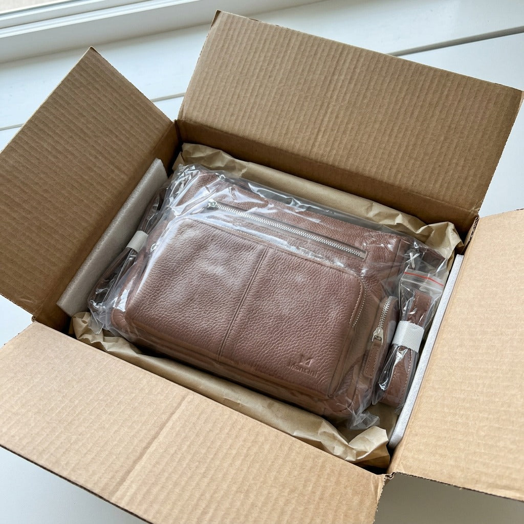 Alt Text: Premium shipping box with protected brown Mancini June Crossbody Bag, ensuring safe-arrival confidence.
