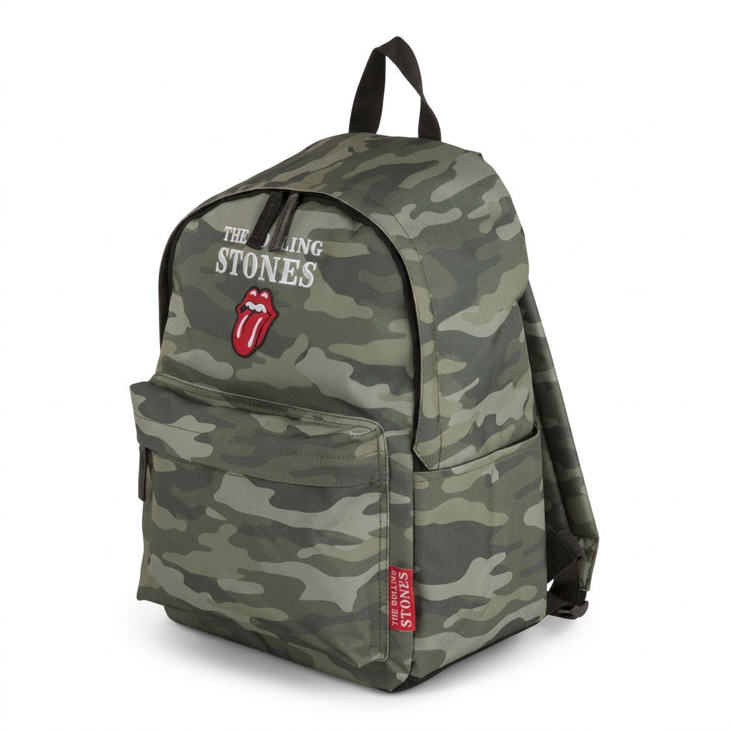 Pure studio hero shot of the green camouflage Rolling Stones backpack with a front logo on a white background.