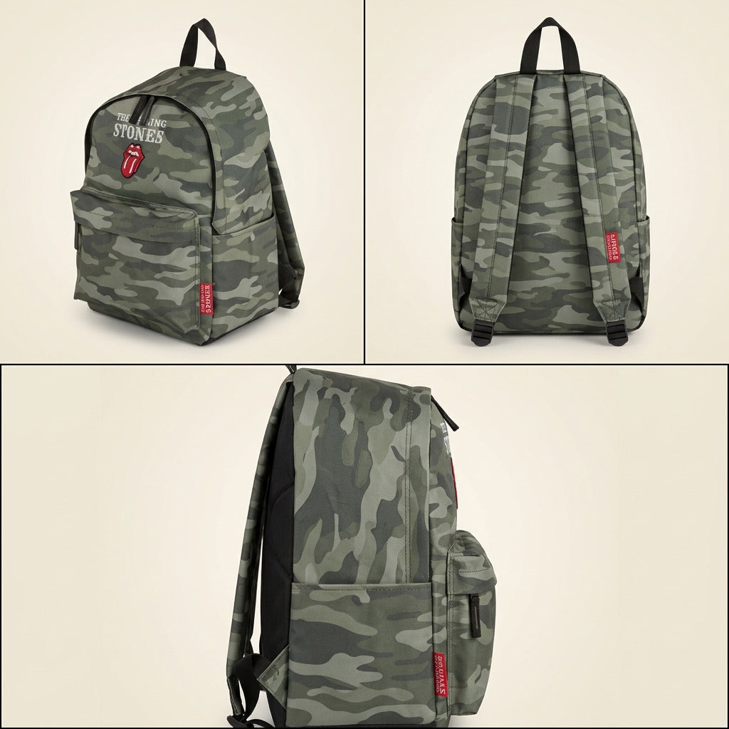 Multi-angle view matrix of 'The Rolling Stones' camo backpack, showing three clean, detailed perspectives.