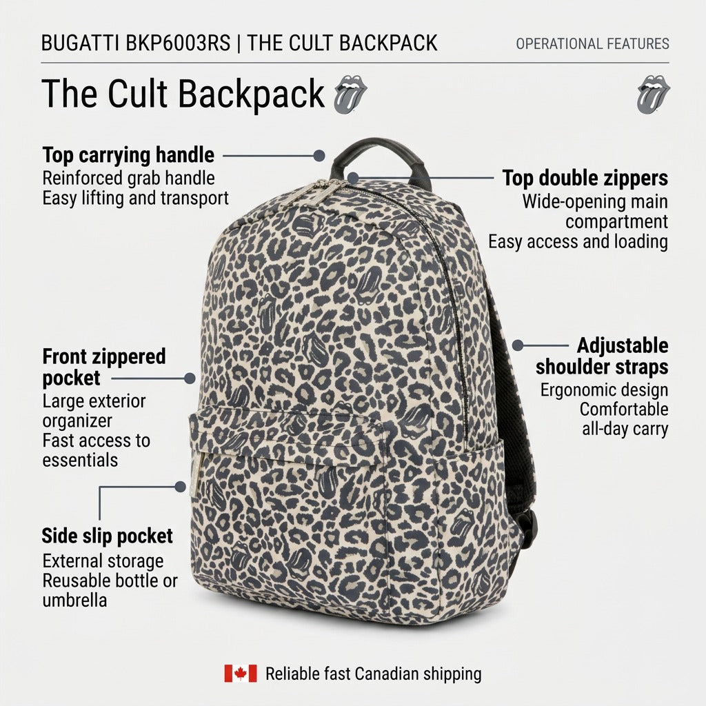 Feature graphic highlighting key design specs of the Bugatti Rolling Stones Cult Backpack.
