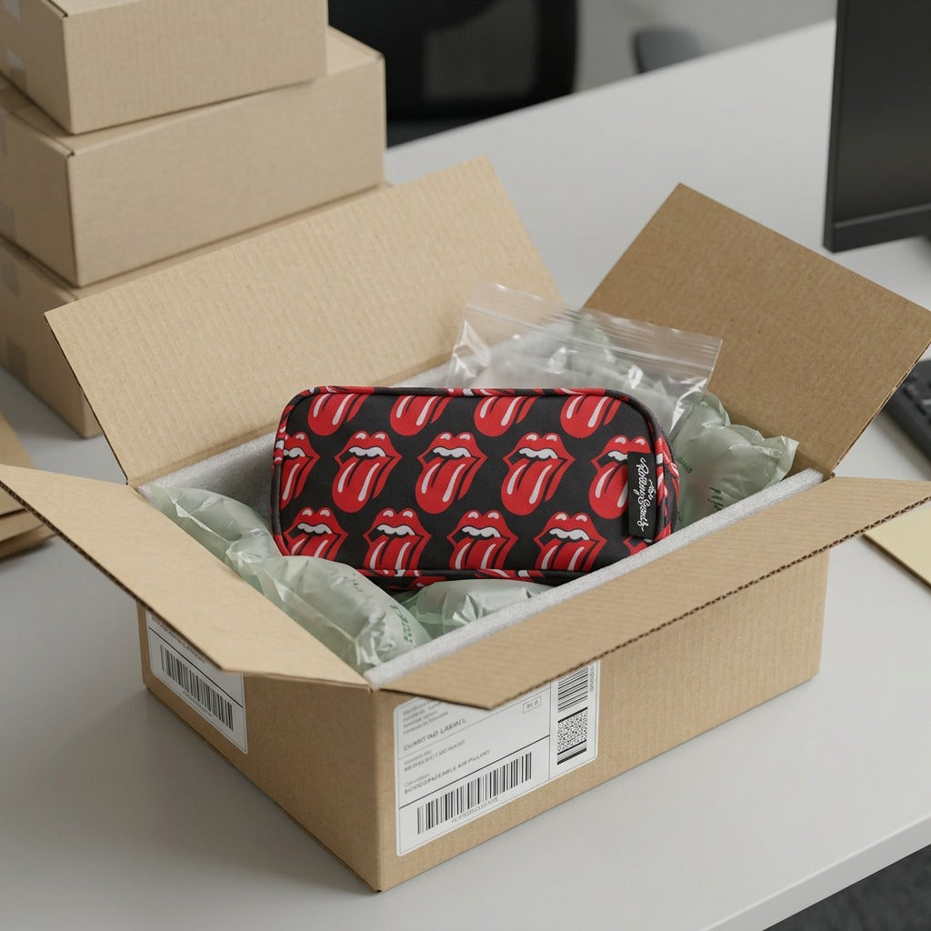 Package content unboxing scene of a black and red The Rolling Stones tongue logo pencil case.