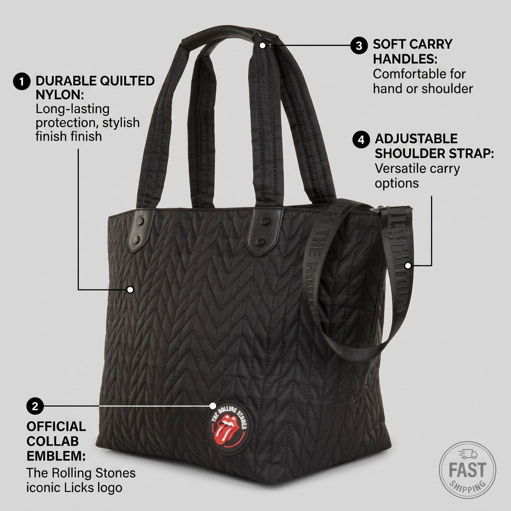 Infographic of the The Rolling Stones tote with feature callouts for material and strap.