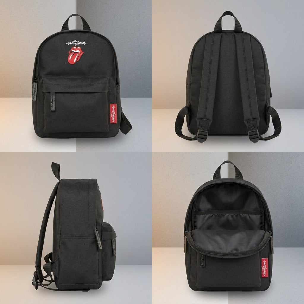 A premium grid matrix displaying the black polyester mini backpack from multiple useful viewing angles.