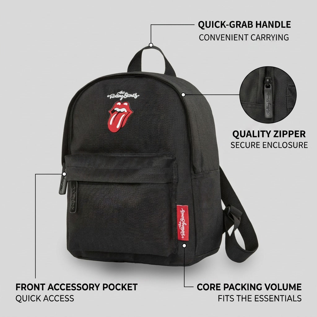 E-commerce feature shot of a black Rolling Stones mini backpack by Bugatti, detailing key components.