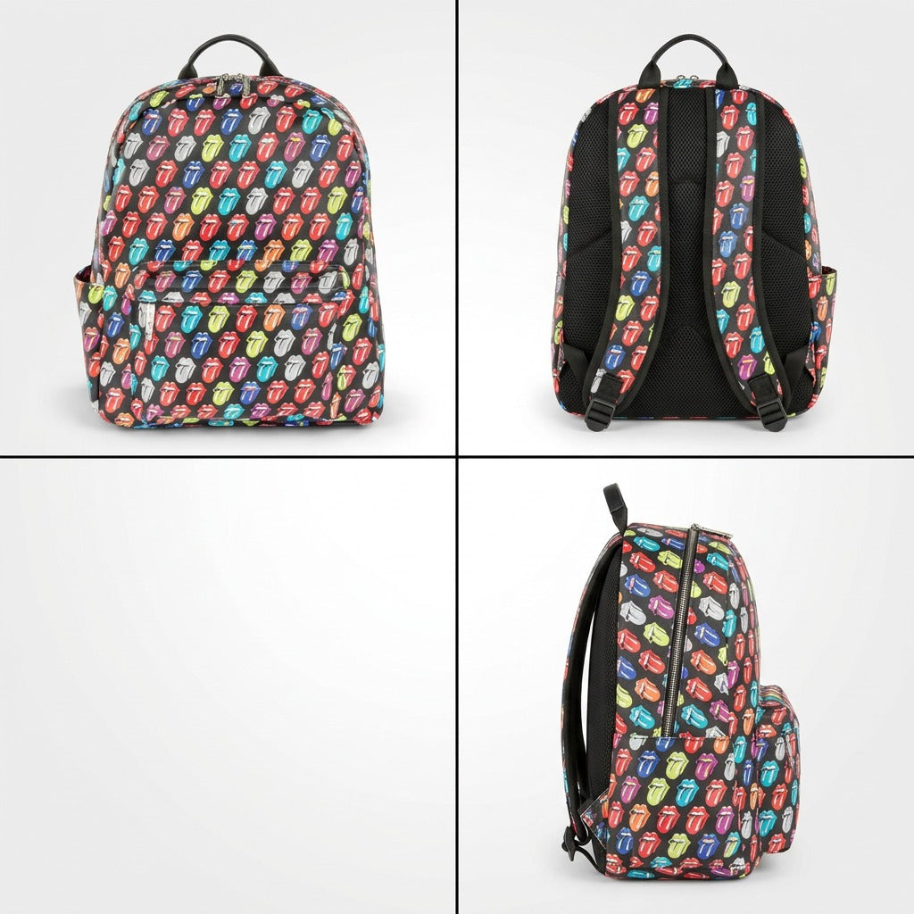 A premium ecommerce grid showing the Bugatti Rolling Stones backpack from front, back, and side angles.