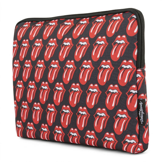 A pristine high-resolution hero shot of The Rolling Stones Core Laptop Sleeve 15.6" against a pure white background. The front shows an all-over repeating pattern of the iconic red tongue and lips logo on a sleek black polyester fabric. A black zipper outlines the top edge, and the subtle "The Rolling Stones" label is visible on the side for brand authenticity. Shot at eye level with neutral, even lighting.