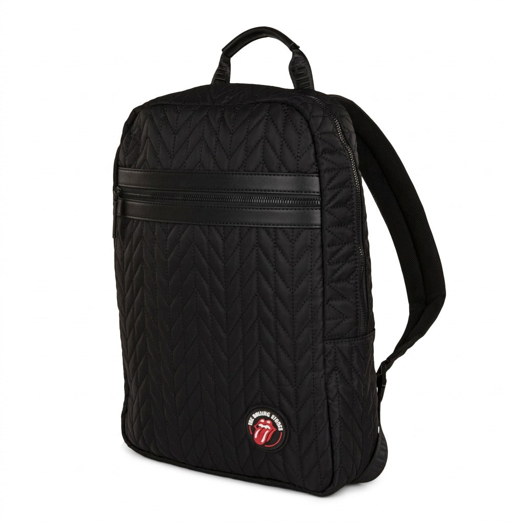 A premium, high-resolution hero shot of the **Bugatti Rolling Stones Iconic Backpack (BKP6066RS)**, showing its full-front quilted nylon construction and signature red tongue logo.