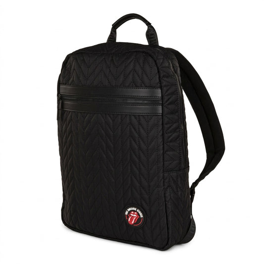 A premium, high-resolution hero shot of the **Bugatti Rolling Stones Iconic Backpack (BKP6066RS)**, showing its full-front quilted nylon construction and signature red tongue logo.