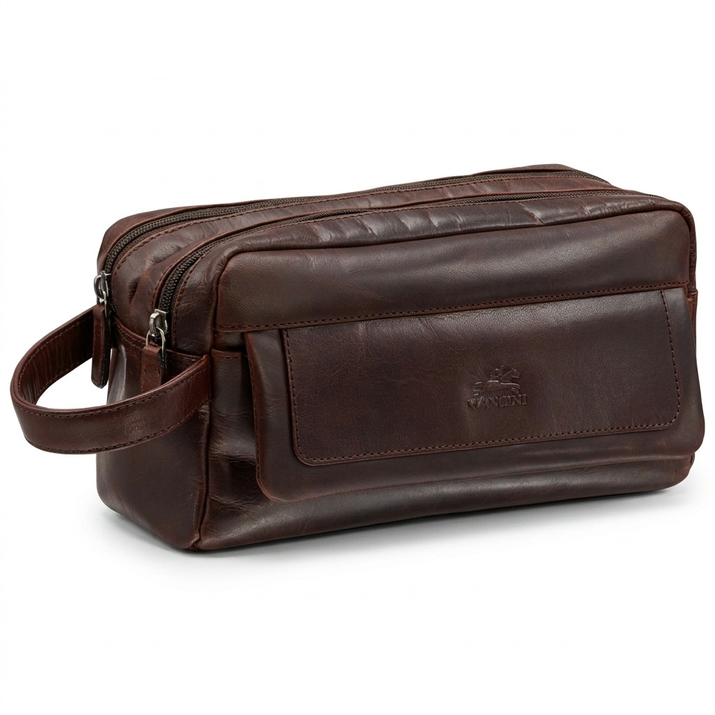 A crisp, centered shot of the brown Mancini Leather Goods double zipper toiletries kit on white.