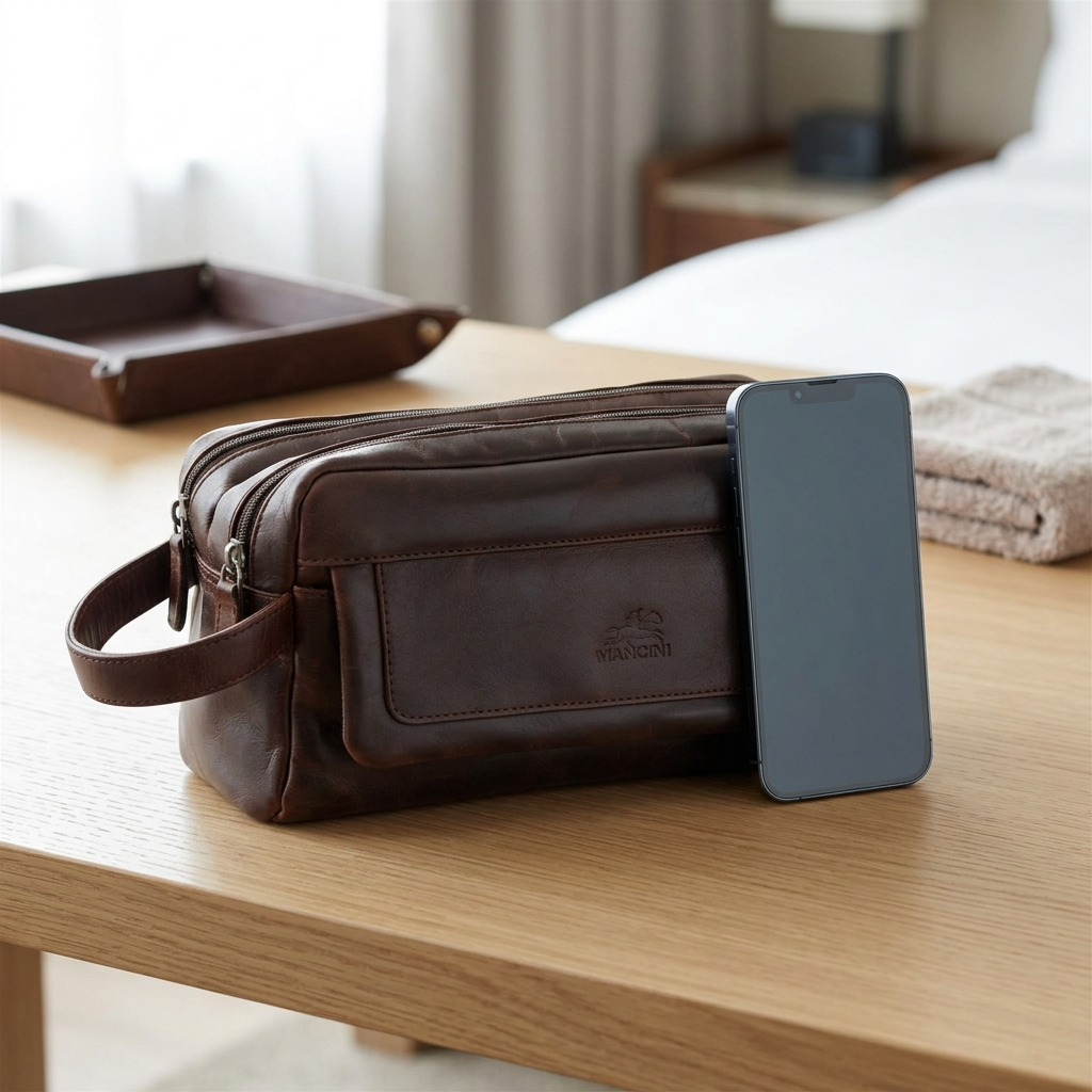 A detailed studio image featuring the Mancini brown leather toiletry kit beside a typical smartphone for concise size estimation.