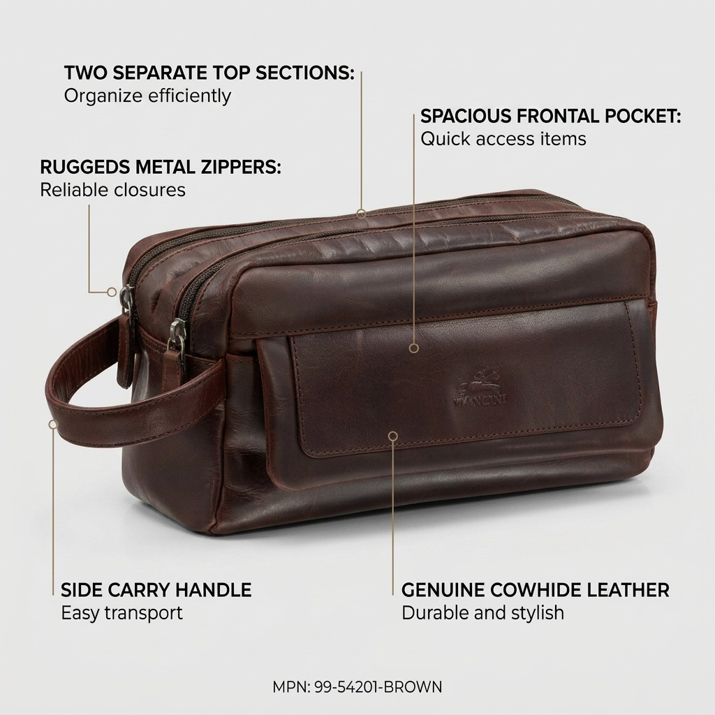 A product image with callouts for the Mancini Leather Toiletry Kit showing features like dual zipper sections, side handle, and specific material highlights.