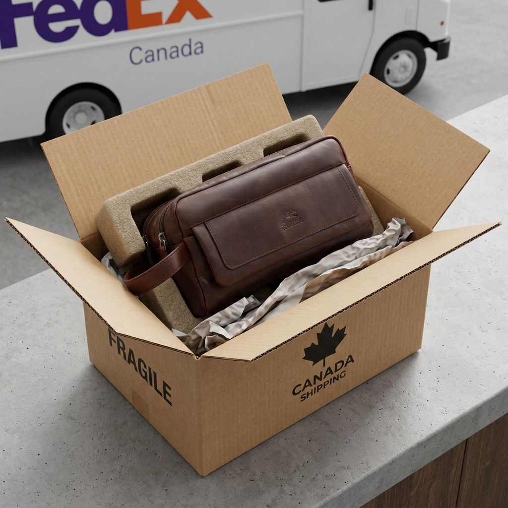 A premium brown leather double zipper toiletry kit is shown nested in protective corrugated shipping foam and a sturdy cardboard box.