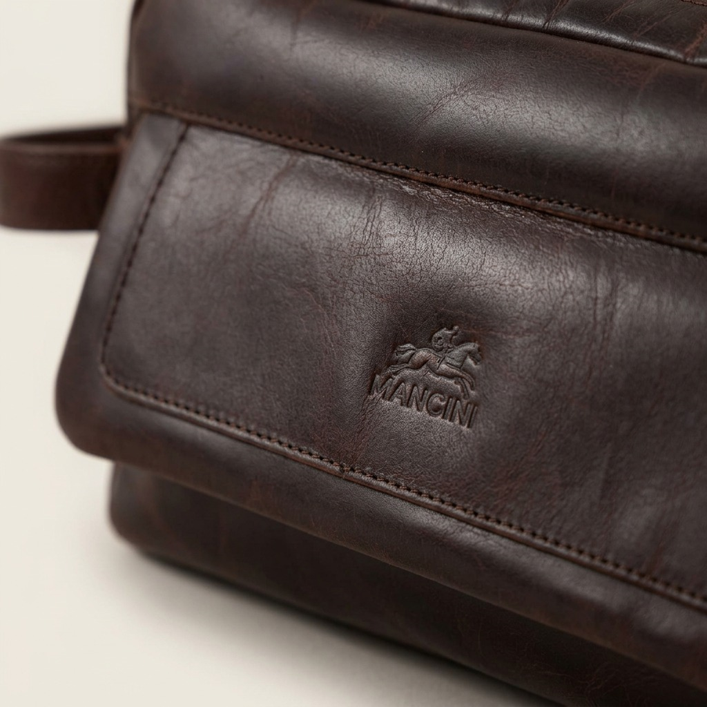 A macro photo captures the detailed texture, grain, and contrast of dark brown leather and metal zippers.