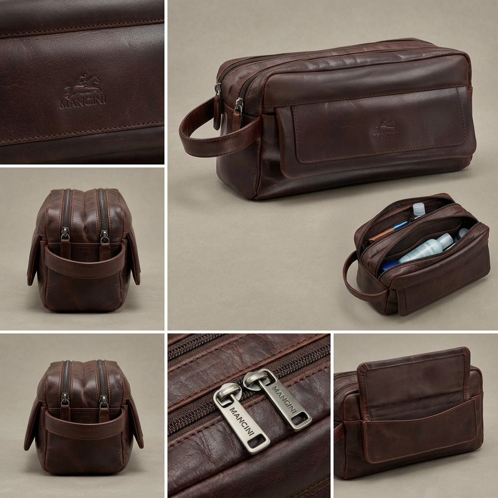 Grid of five images showing the brown leather toiletry kit from diverse angles, including open.