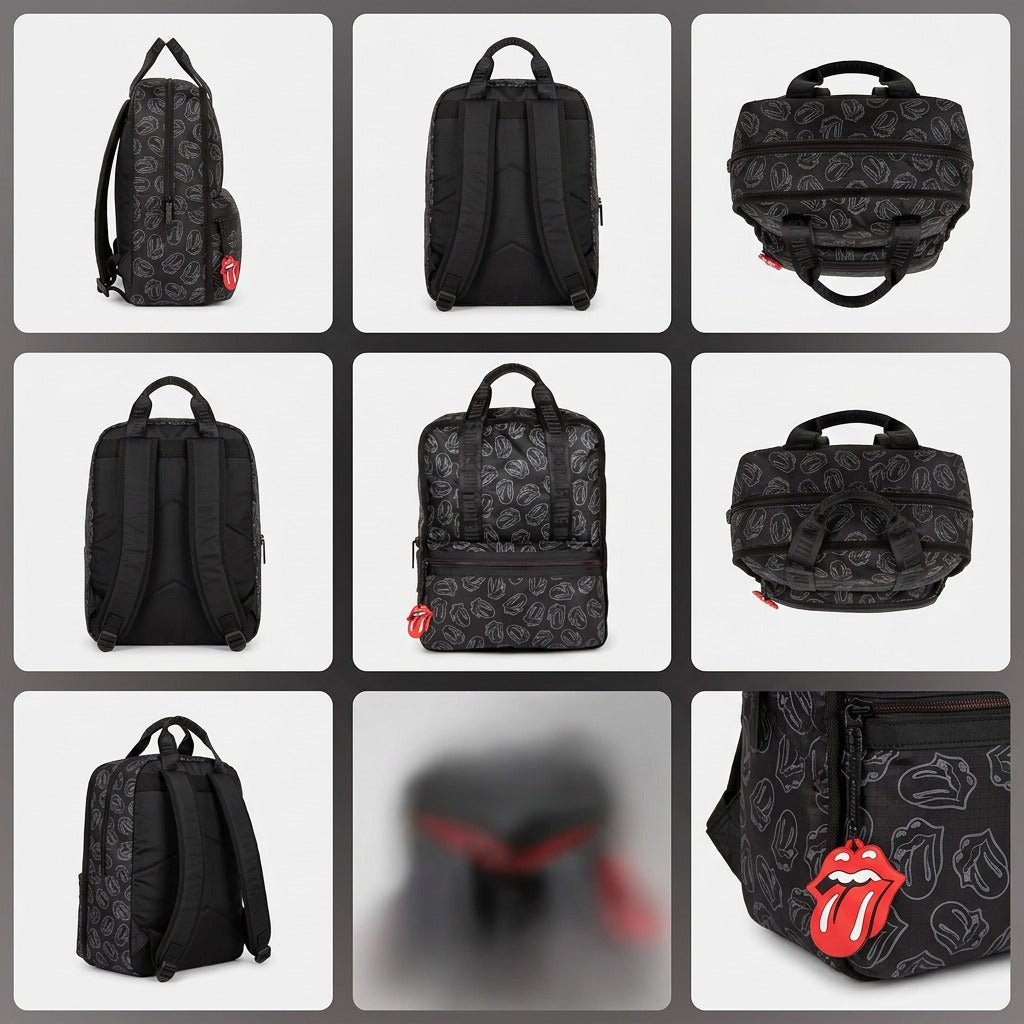 A six-part grid displaying the black The Rolling Stones backpack from different angles, including front, side, back, top, bottom, and three-quarter view.
