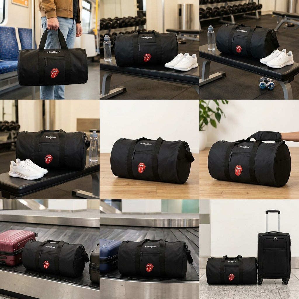 A scale reference image shows The Rolling Stones duffle bag next to a standard 12 oz. can on a desk.