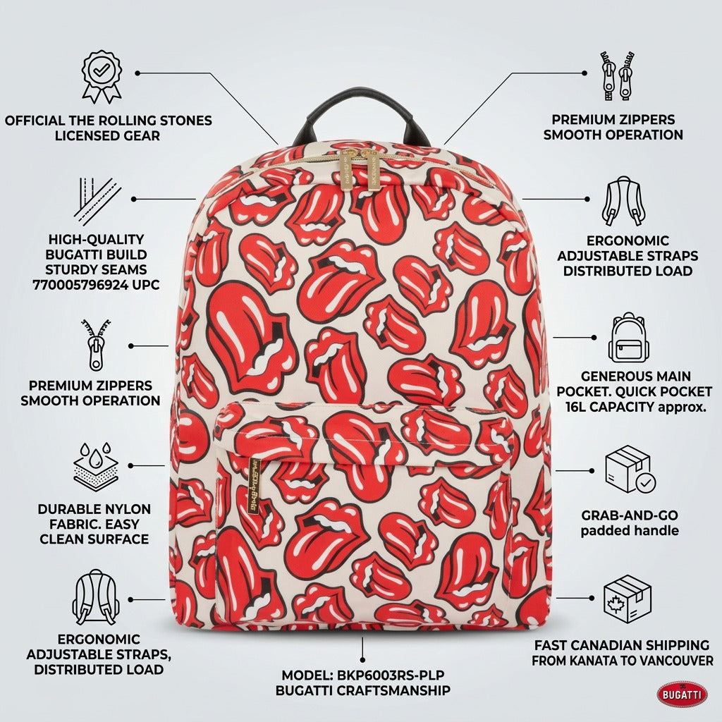 Infographic matrix detailing the features and official credentials of the specific Rolling Stones backpack shown, with quick Canadian shipping info.