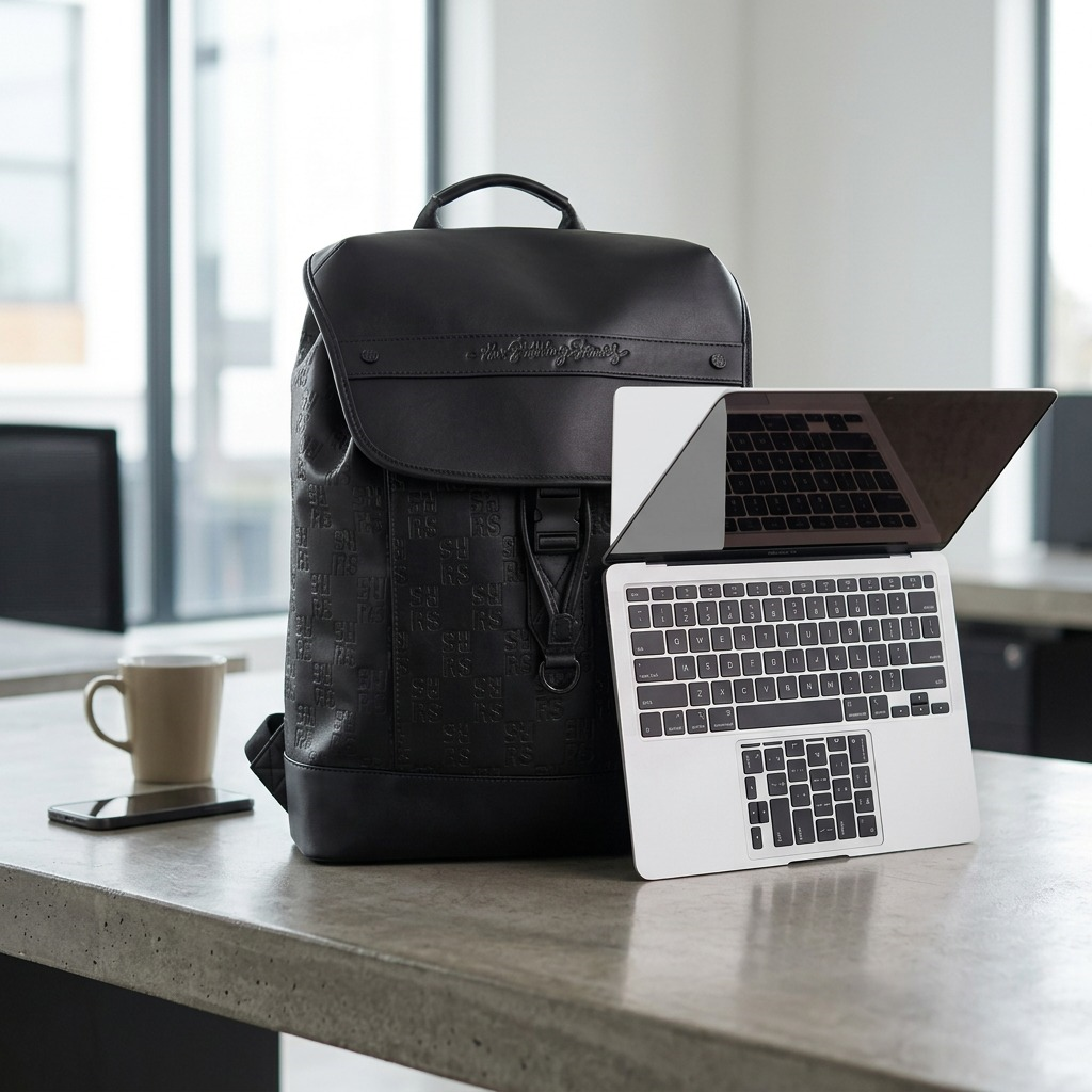 Scale reference photo of the Bugatti Rolling Stones black leather backpack next to a 13-inch MacBook.