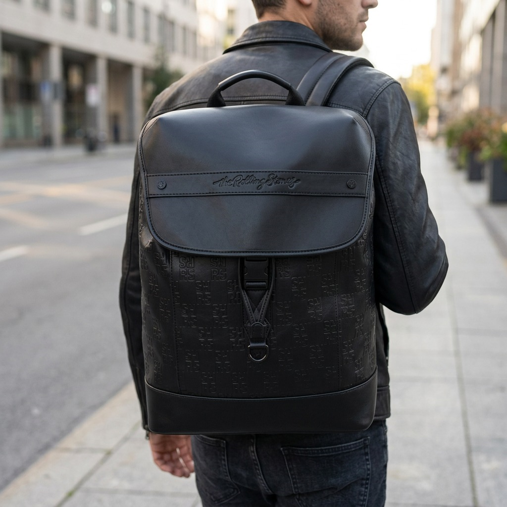 A context lifestyle photo showing a person wearing the Bugatti 'The Rolling Stones' backpack while walking on a city street.