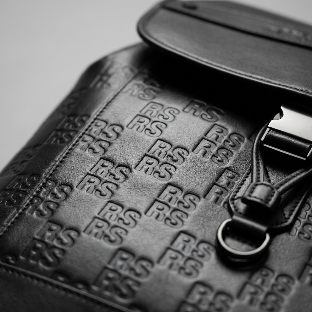 A macro photo focuses on the intricate "RS" leather debossing and the metal buckle closure.