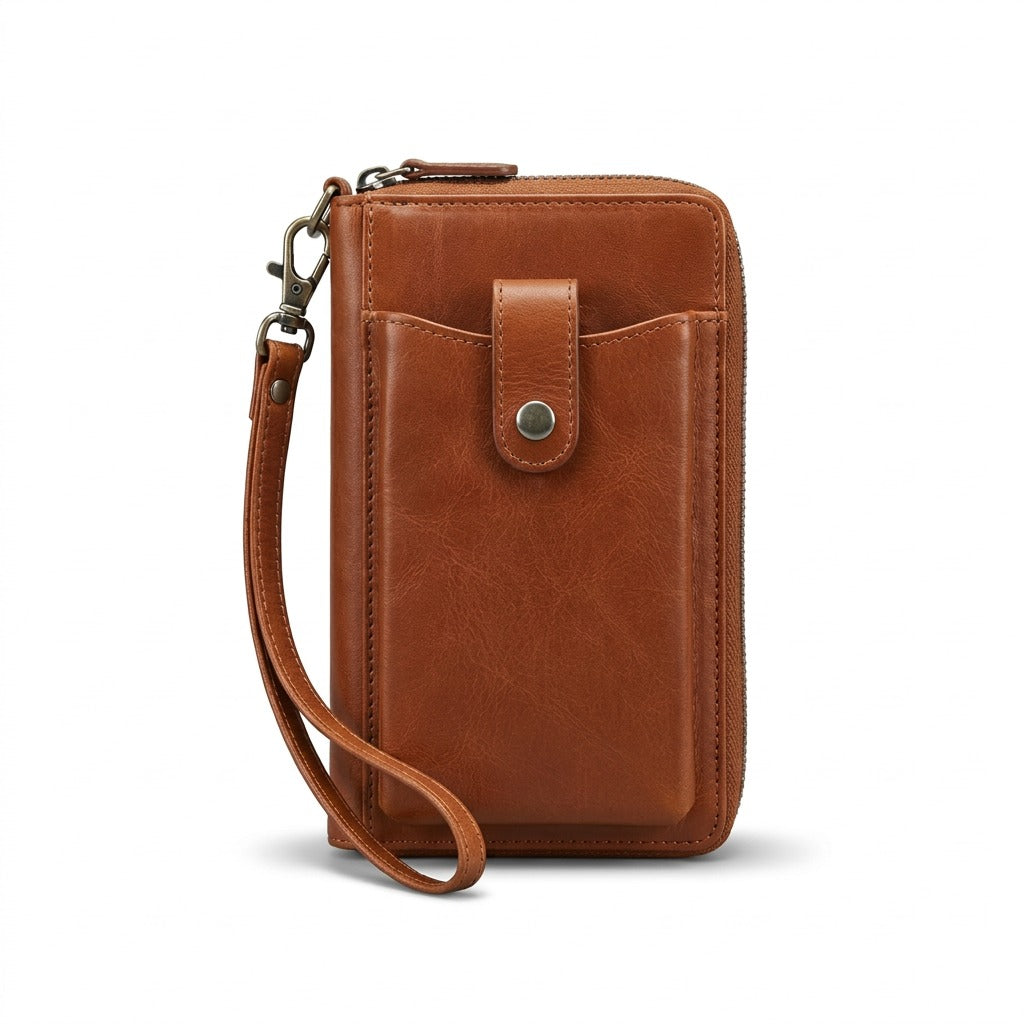 High-resolution hero shot of the Mancini Leather Goods Cognac Cellphone Wallet on a pure white background.