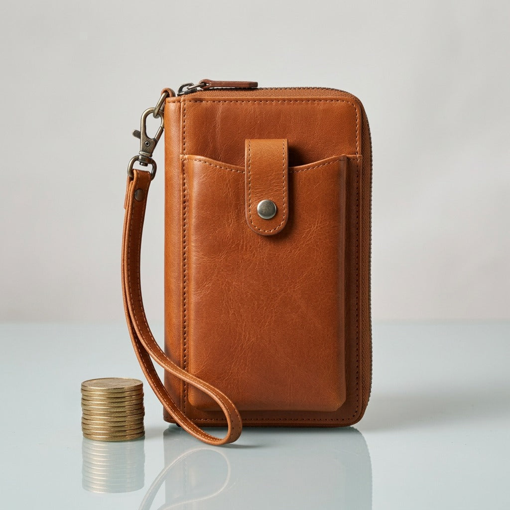Scale reference photo showing the brown leather wallet next to a stack of standard Canadian dollar coins.