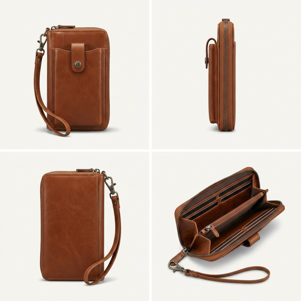 A 2x2 matrix showcasing the cognac leather cellphone wallet from front, rear, side, and open interior views.