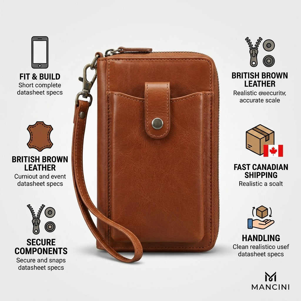 Mancini Leather Cellphone Wallet (brown) trust infographic with factual component keys & fast Canadian shipping icon.