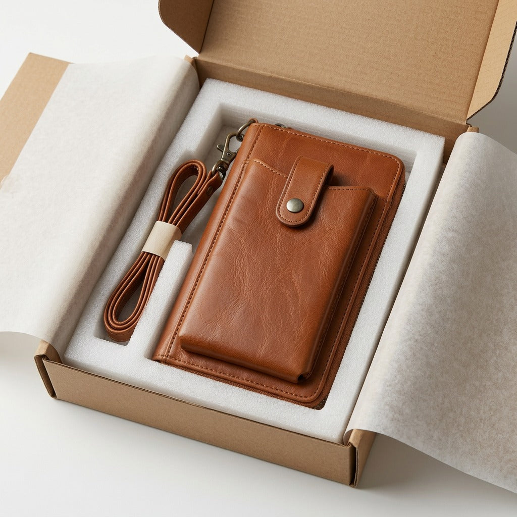 A detailed look at the safe, protected unboxing of the cognac brown CELLPHONE WALLET, nestled in foam.