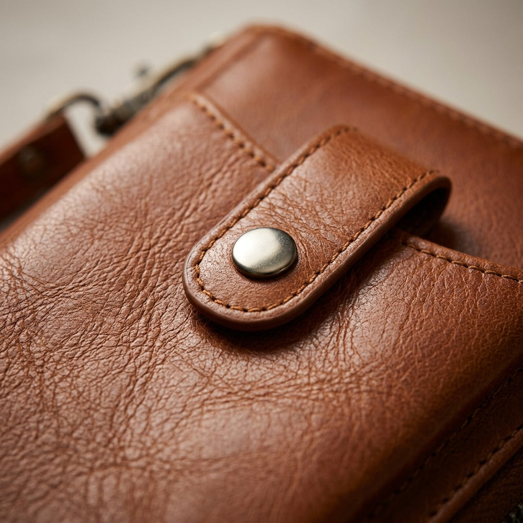 Extreme close-up of textured cognac brown leather and metal snap button on front pocket flap.