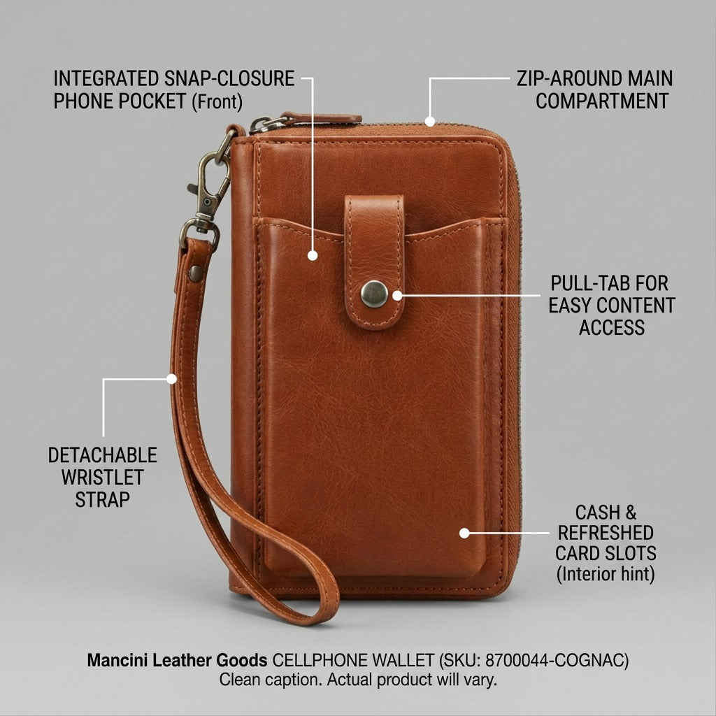 Feature graphic for Mancini Leather Goods Cellphone Wallet (8700044-COGNAC) with operational callouts like 'Integrated Snap-Closure Phone Pocket', 'Zip-Around Main Compartment', and 'Detachable Wristlet Strap'.