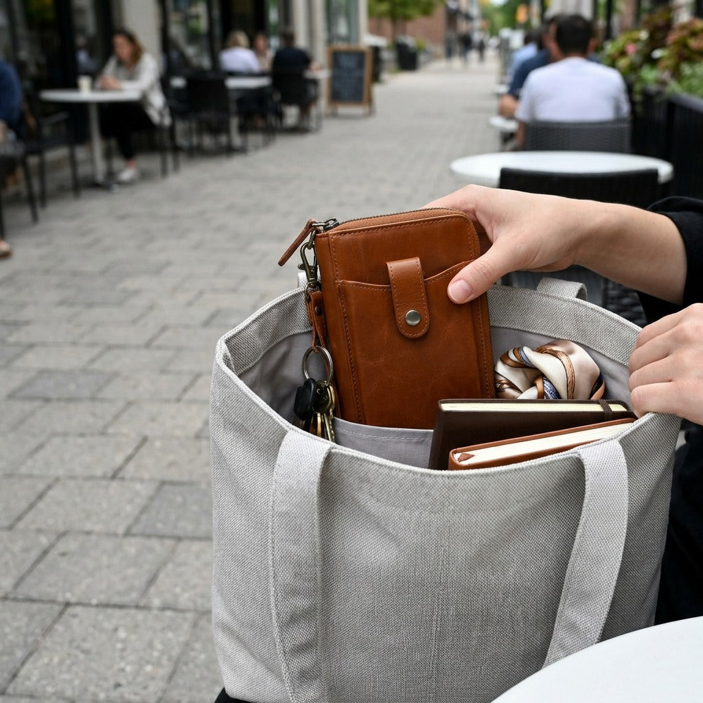 A candid photo of the cell phone wallet inside a neutral grey fabric tote bag during a daytime city outing. A hand is about to place keys next to it.