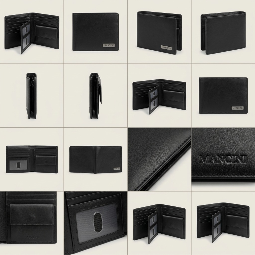 A premium ecommerce grid visual of the Mancini wallet from numerous useful angles.