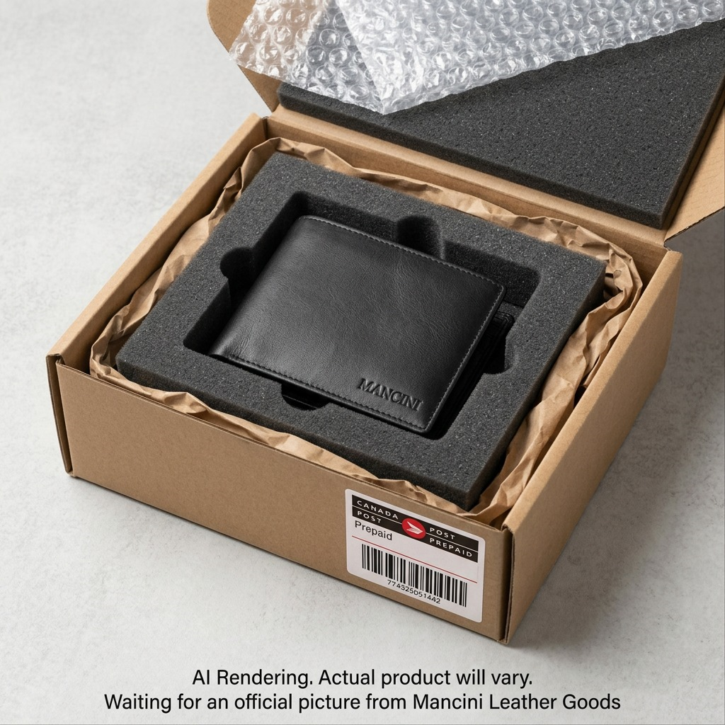 Unboxing shot of the Mancini wallet in premium, secure protective packaging.