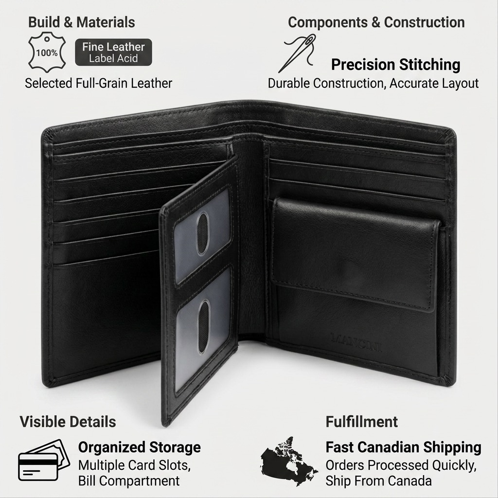 Trust infographic featuring the Mancini leather wallet with factual icons for materials, components, and Canadian shipping.