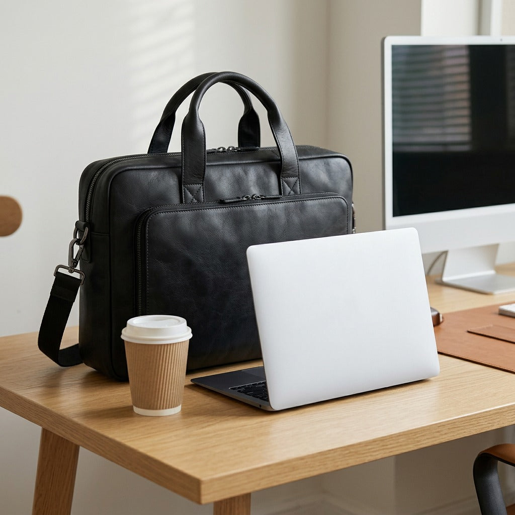 Black leather briefcase shown on a desk alongside a laptop and coffee cup for scale reference.