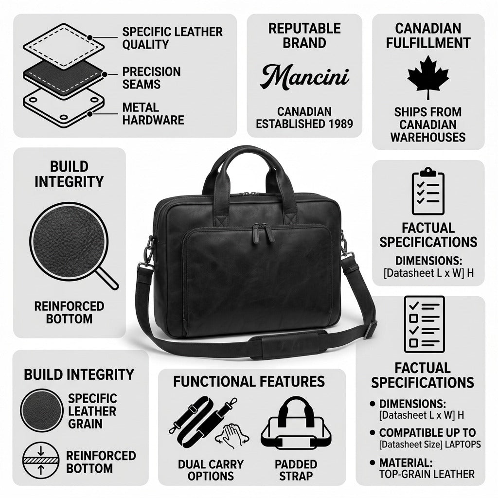 Product confidence infographic for the Mancini Leather Goods 99-54806-BLACK, with features, facts, and Canadian shipping.