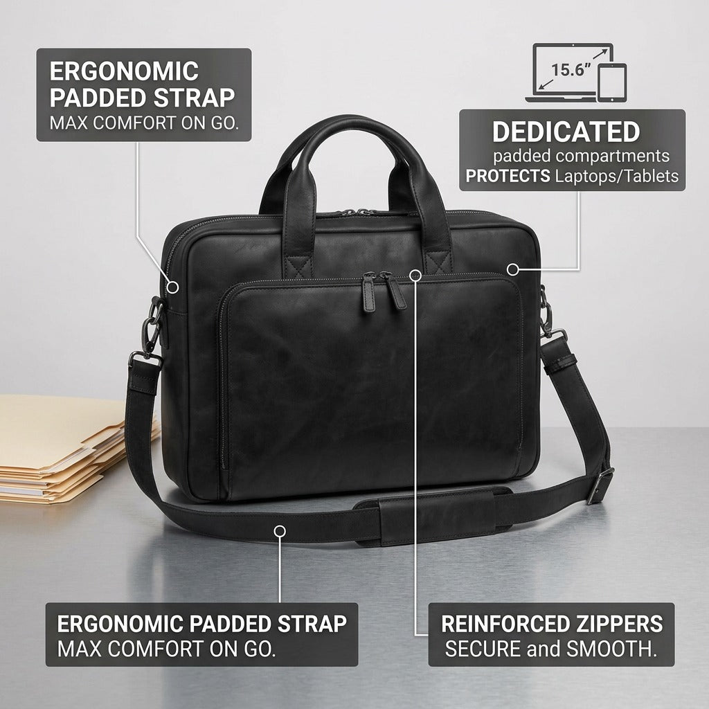 An infographic of the Mancini leather briefcase highlighting features like a padded strap and laptop compartment.