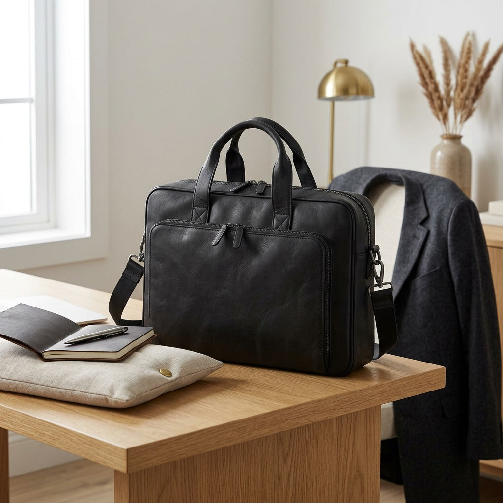 Black Mancini leather briefcase with a shoulder strap sits on a wood office desk with a notebook.