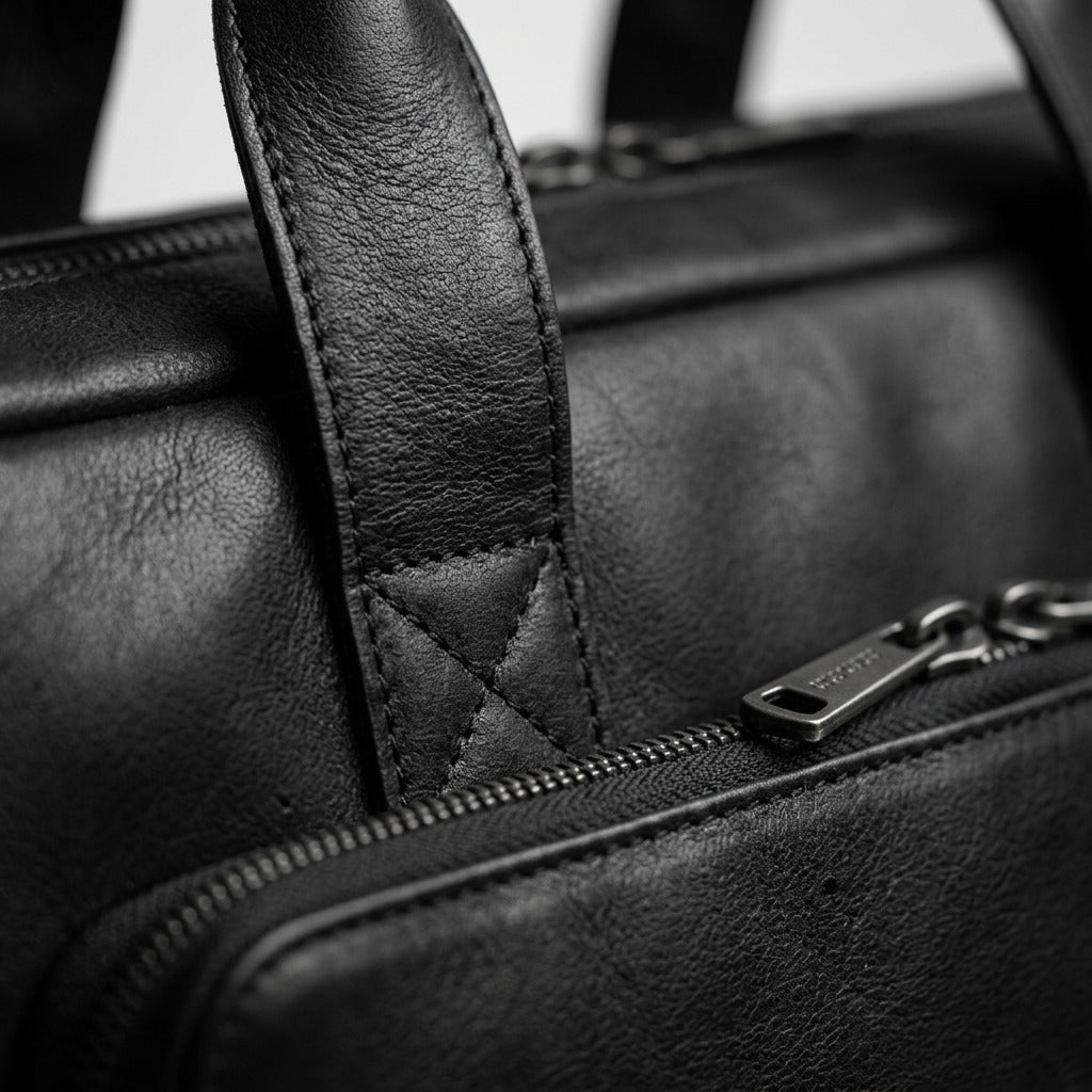 Macro photo of black stitched handle base on leather Mancini briefcase, extreme detail, sharp focus