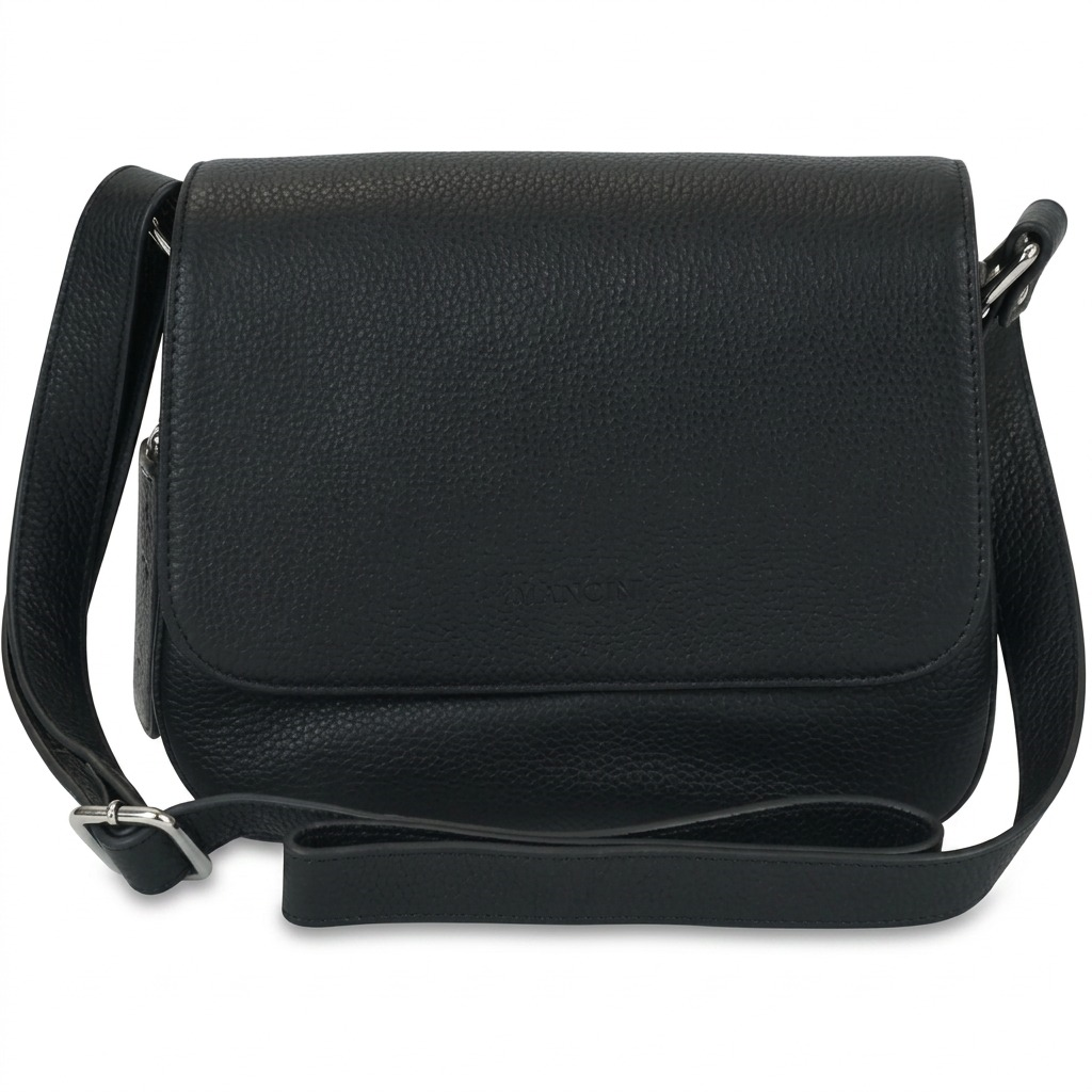 An ultra-clear, high-resolution front view product photograph of the Mancini Leather Goods Alison Crossbody Handbag in black, centered on a seamless pure white background, with a soft, clean natural shadow.