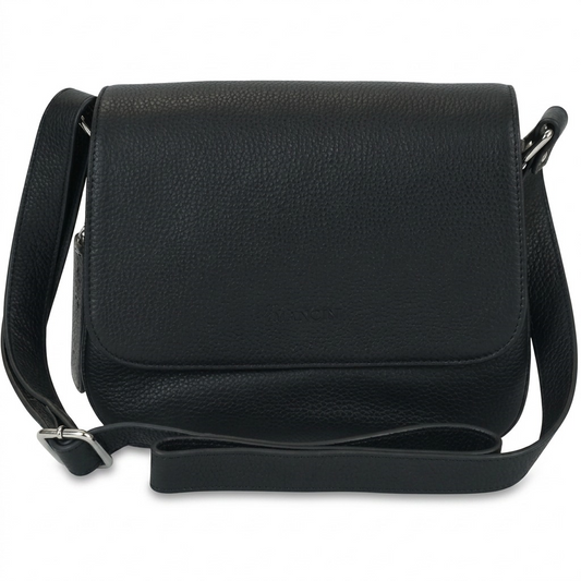 An ultra-clear, high-resolution front view product photograph of the Mancini Leather Goods Alison Crossbody Handbag in black, centered on a seamless pure white background, with a soft, clean natural shadow.