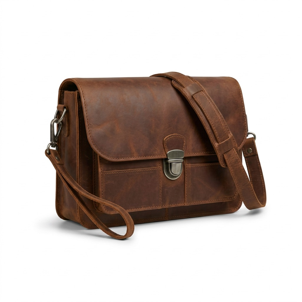 Pure hero shot of the brown Mancini Leather Goods messenger bag isolated on a white background.