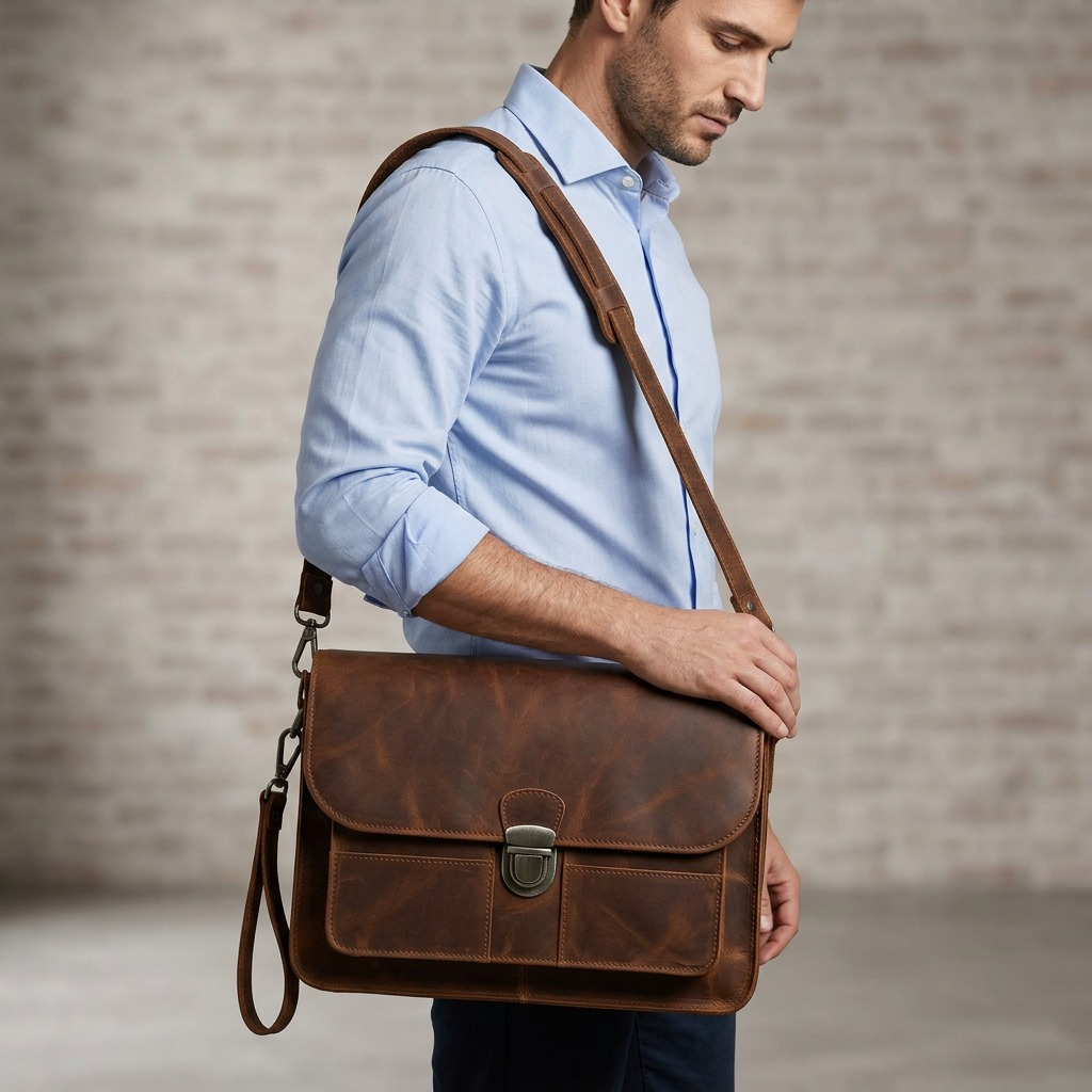 Mancini large brown leather satchel, slung on a man, clearly showing scale.