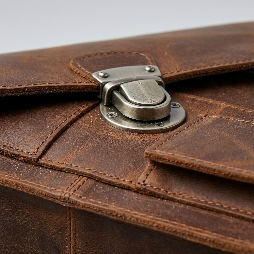 Extreme close-up of the metal clasp, stitching, and rich brown leather texture of the Mancini bag.