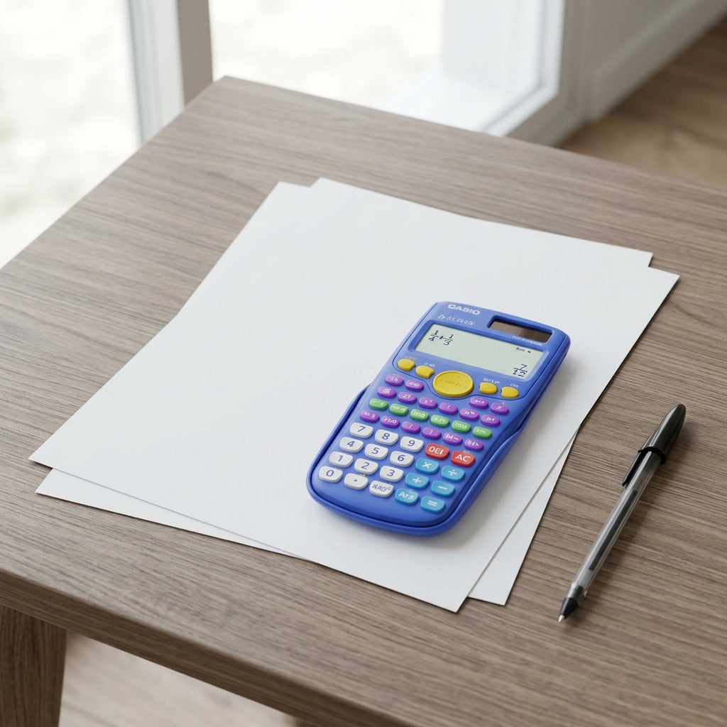 A blue Casio FX-55PLUS fraction calculator shown for scale on a desk with paper and a pen.