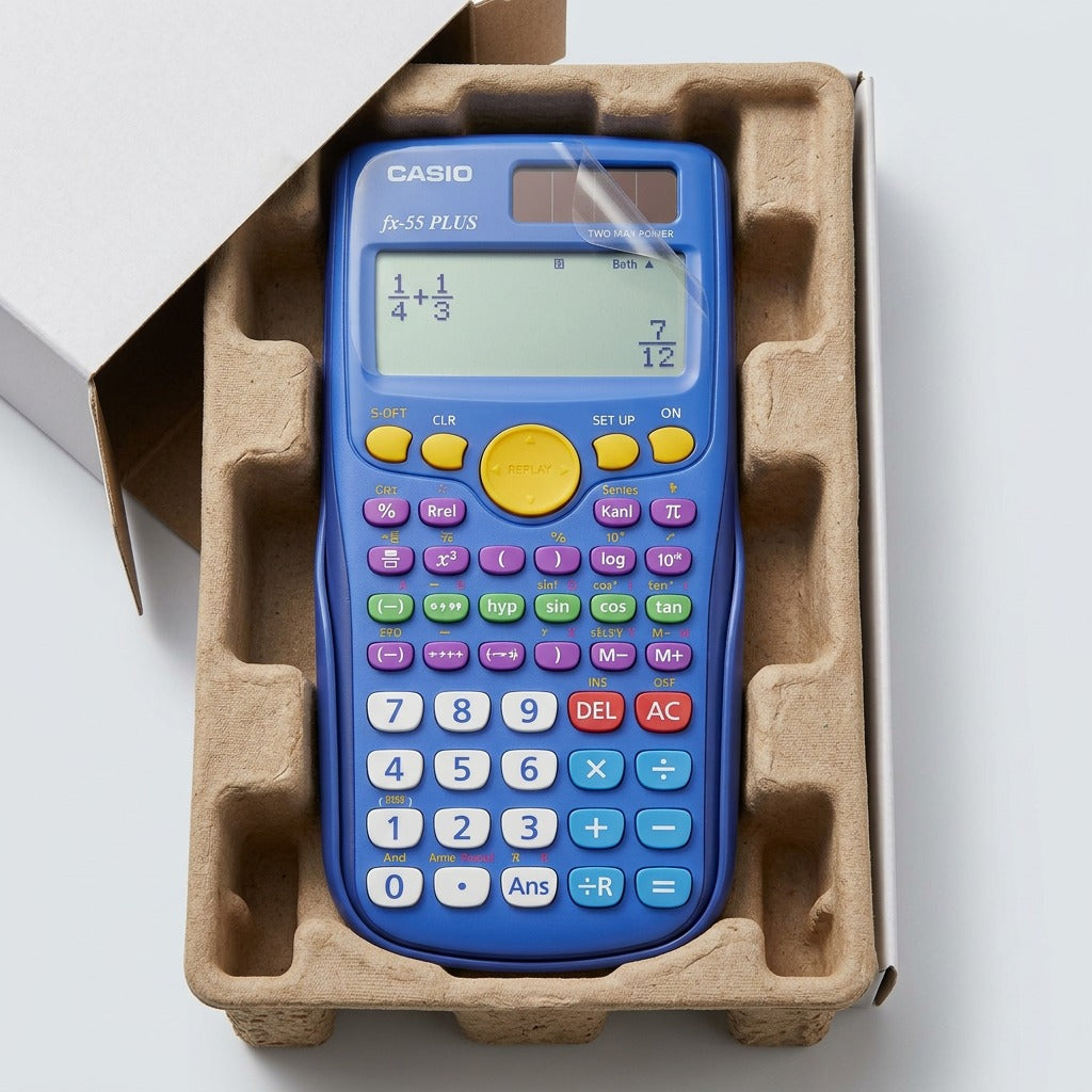 Blue Casio fx-55 PLUS calculator securely packed in protective molded paper pulp shipping tray.