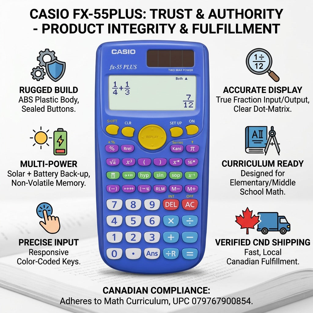 Casio FX-55PLUS infographic showing solar power, textbook display, and fast Canadian shipping.