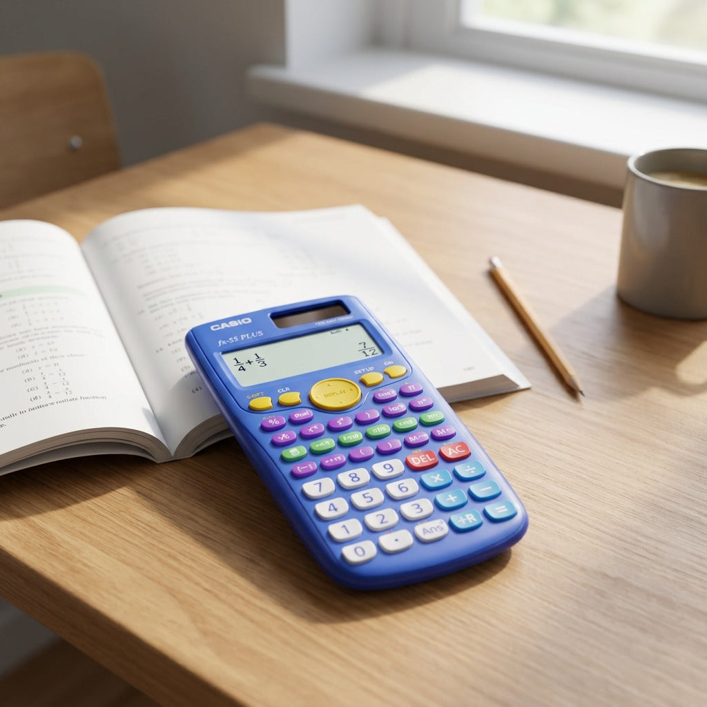 Blue Casio FX-55PLUS fraction calculator on a wooden desk with a textbook and pencil.