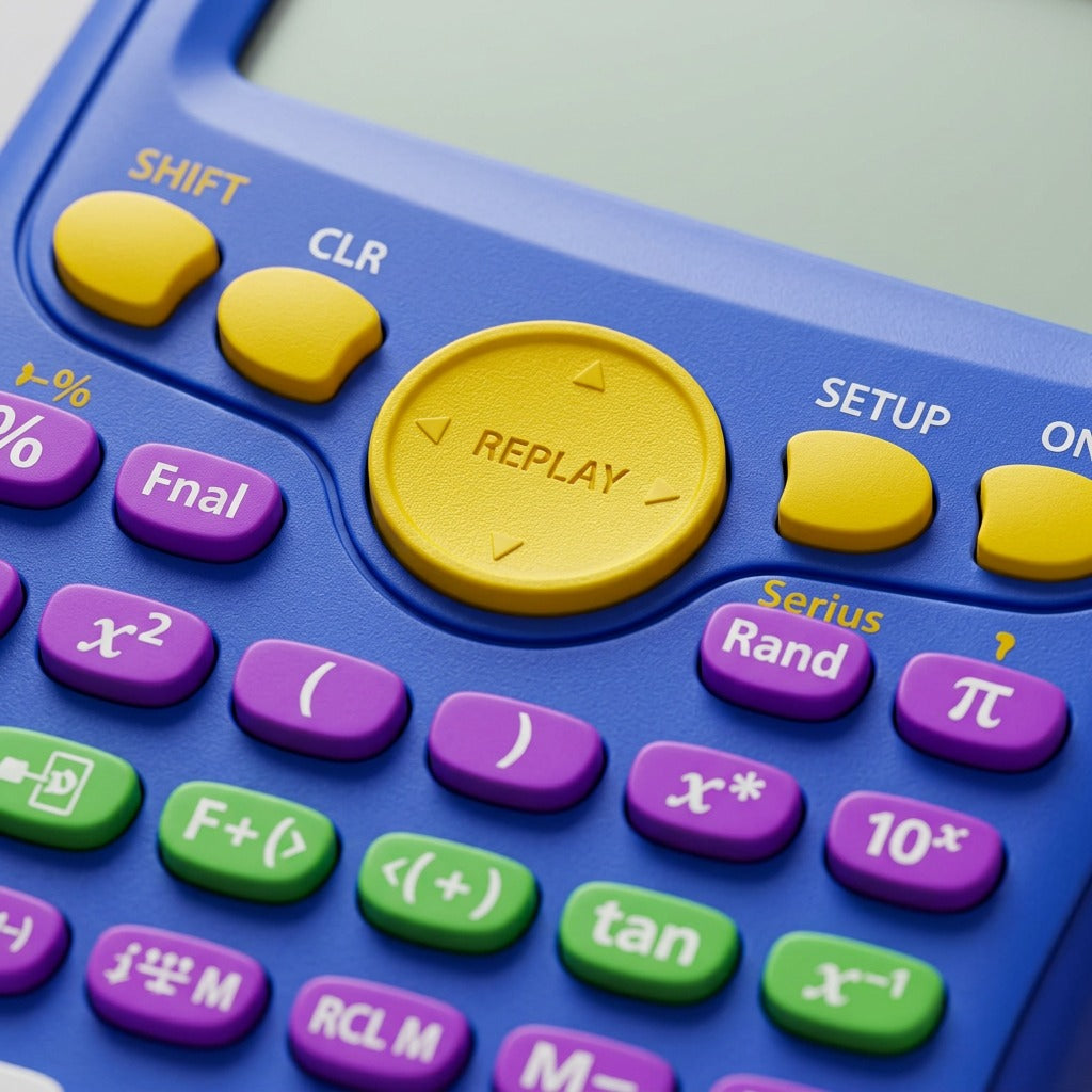 Macro detail of the Casio FX-55PLUS calculator showing the yellow REPLAY button and color-coded keys.